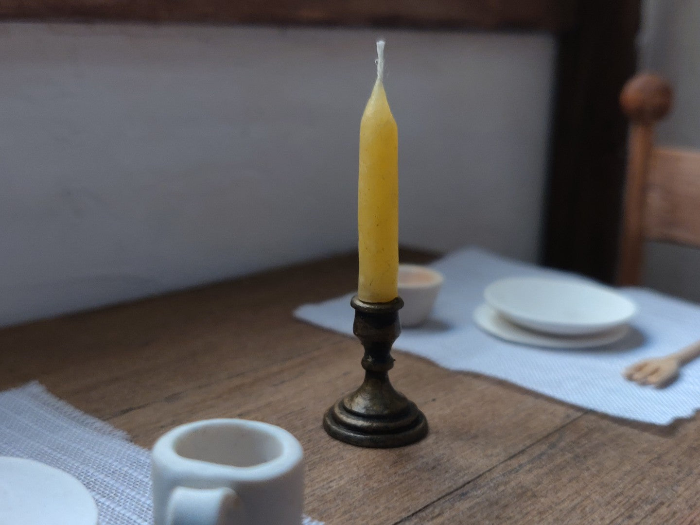 Brass Candlestick with Beeswax Candle - Handcrafted Miniature (Only 7 Available)