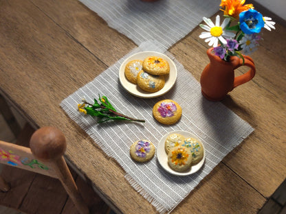 Flower Cookies on Tan Plate - Handcrafted Miniature (Only 6 Available)