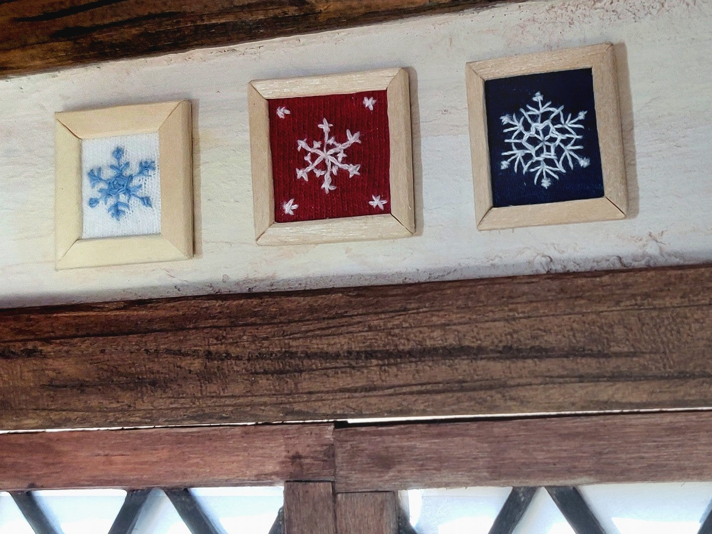 Embroidery of Snowflakes on Red Fabric - Handcrafted Miniature (Only 1 Available)