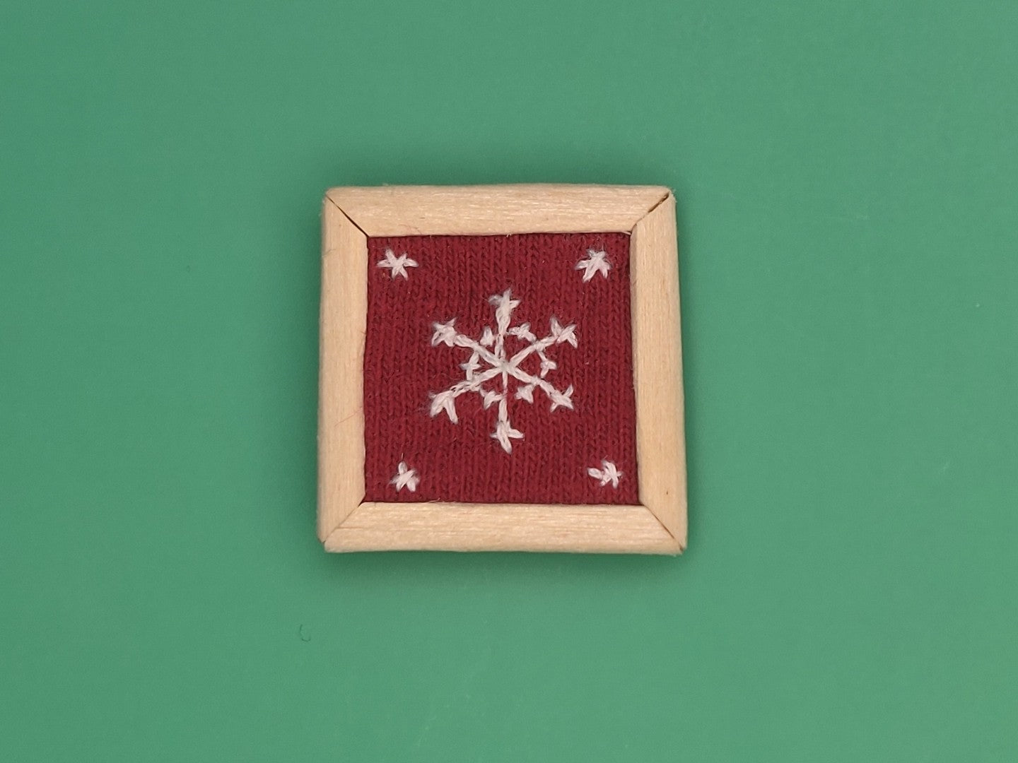 Embroidery of Snowflakes on Red Fabric - Handcrafted Miniature (Only 1 Available)