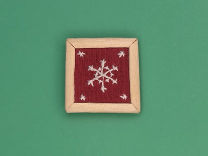 Embroidery of Snowflakes on Red Fabric - Handcrafted Miniature (Only 1 Available)