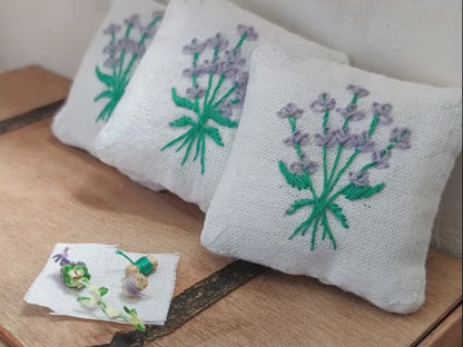 Pillow with Embroidered Lavender Flowers - Handcrafted Miniature (Only 3 Available)