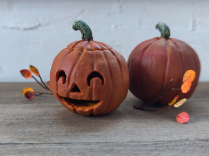 Red-Orange Pumpkin and Jack-o-Lantern Pair - Handcrafted Miniature (Only 1 Available)