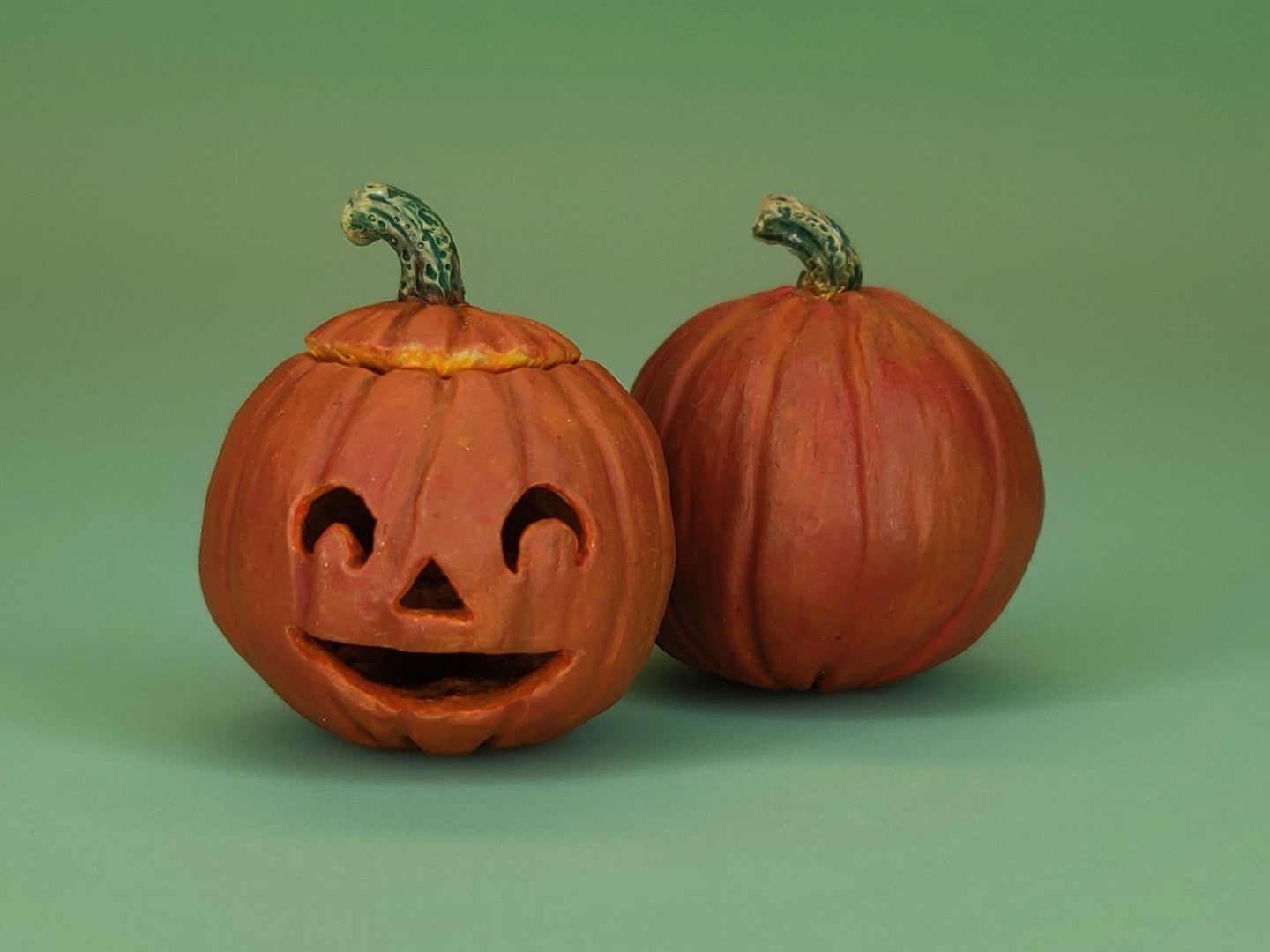 Red-Orange Pumpkin and Jack-o-Lantern Pair - Handcrafted Miniature (Only 1 Available)