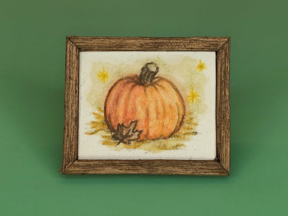 Watercolor of Pumpkin and Leaf - Handcrafted Miniature (Only 1 Available)