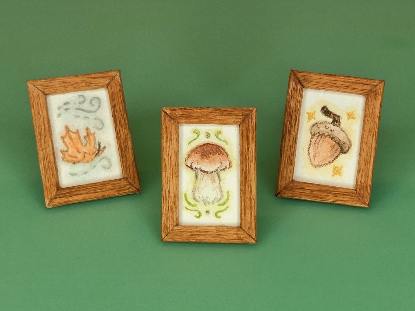 Set of 3 Watercolors of Mushroom, Acorn, and Leaf - Handcrafted Miniature (Only 1 Set Available)