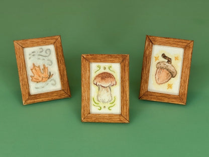 Set of 3 Watercolors of Mushroom, Acorn, and Leaf - Handcrafted Miniature (Only 1 Set Available)
