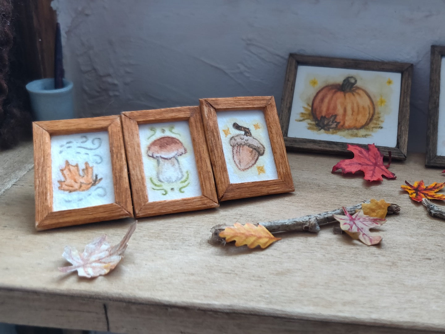 Set of 3 Watercolors of Mushroom, Acorn, and Leaf - Handcrafted Miniature (Only 1 Set Available)