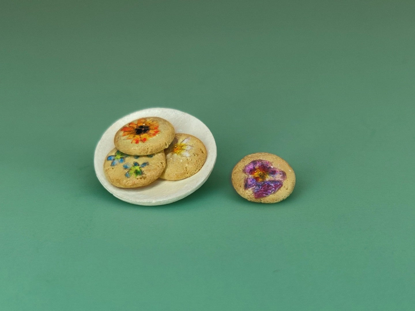 Flower Cookies on Tan Plate - Handcrafted Miniature (Only 6 Available)